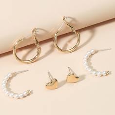3 пары серьги с сердечком и искусственным жемчугом Shein