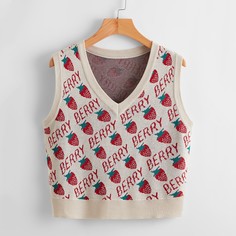Свитер-жилет с рисунком клубники Shein