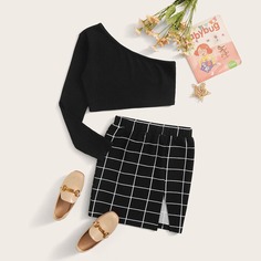 Юбка в клетку и вязаный топ на одно плечо для девочек Shein
