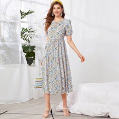 Платье с пышными рукавами и цветочным принтом Shein