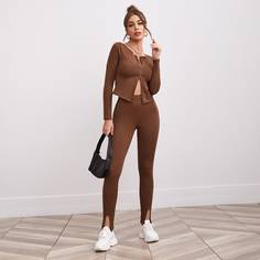 Однотонный топ с молнией и леггинсы с разрезом Shein