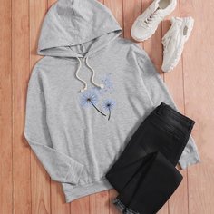 Свитшот на кулиске с капюшоном и принтом одуванчика Shein
