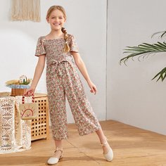 с поясом Со цветочками Повседневный Комбинезоны для девочек Shein