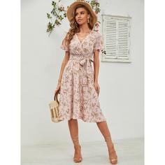 с поясом цветочный Бохо Платье Shein