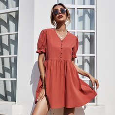 с оборками Одноцветный милый Платье Shein