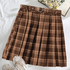 Плиссированная юбка в клетку с высокой талией и поясом Shein