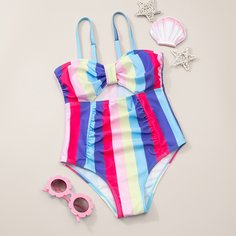 Слитный купальник в полоску со сборками для девочек Shein