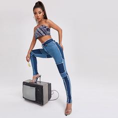 Контрастные узкие джинсы с высокой талией Shein