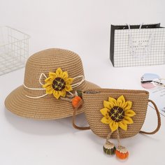 Соломенная сумка-ведро и шапка с аппликацией подсолнуха для девочек Shein