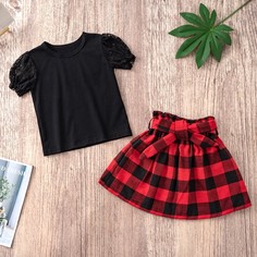 Футболка с пышным рукавом и юбка в клетку с поясом для девочек Shein