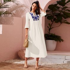 с вышивкой Со цветочками Бохо Арабские платья Shein