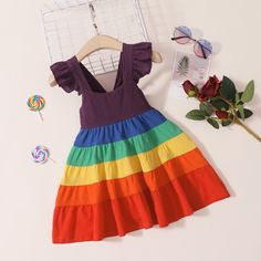 с оборками Радужные полосы Повседневный Платья для девочек Shein