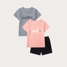 3шт шорты и футболка с текстовым принтом для девочек Shein