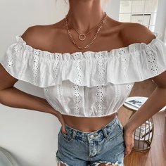 с оборками Одноцветный Бохо Блузы Shein