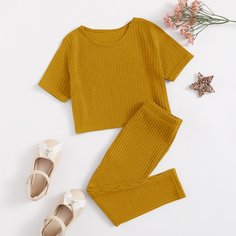 Вязаная футболка и леггинсы в рубчик для девочек Shein