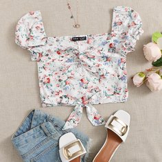 Застежка Цветочный Бохо Блузы Shein