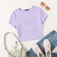 Топ со стразами и принтом бабочки Shein