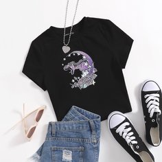 С карикатурой Повседневный Футболки Shein