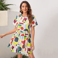 на пуговицах Геометрический принт Повседневный Платье Shein