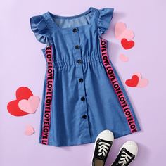 с оборками буква милый Джинсовые платья для девочек Shein