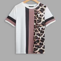 Контрастная футболка с леопардовым принтом Shein