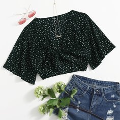 Короткий топ размера плюс в горошек с узлом Shein