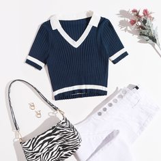 трикотажный Контрастный цвет Повседневный Трикотажные топы Shein