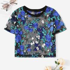 Прозрачная Сетчатая Блузка С Цветочной Вышивкой Shein