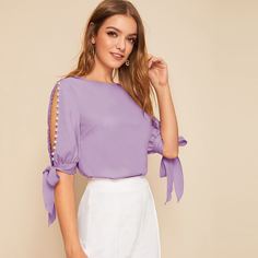 Топ с узлом, жемчугами и разрезом на рукавах Shein