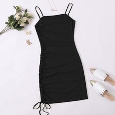 Чёрные на кулиске Одноцветный Повседневный Платья Shein