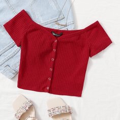 Трикотажный топ с открытыми плечами и пуговицами Shein