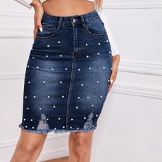 Джинсовая юбка с жемчугом Shein