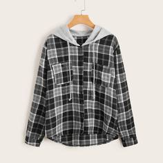 Асимметричная блузка в клетку с капюшоном Shein