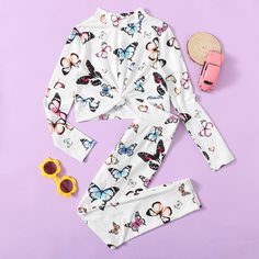 Леггинсы и топ с драпировкой и принтом бабочки для девочек Shein