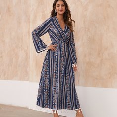 с бахромой Этнический принт Бохо Платье Shein
