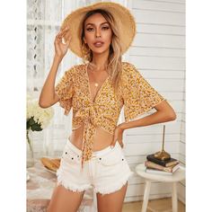 С батом перед цветочный Бохо Женские топы Shein