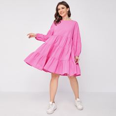 С оборками Одноцветный Повседневный Платья размер плюс Shein