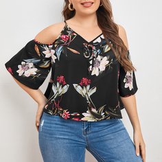 Блузка размера плюс с цветочным принтом и узлом Shein