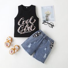 Майка с текстовым принтом и рваные джинсовые шорты для девочек Shein
