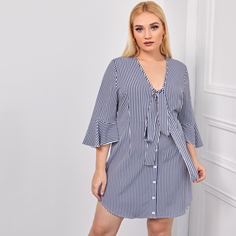 с оборками Полосатый Повседневный Платья размер плюс Shein