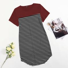 Полосатый Повседневный Платья размер плюс Shein