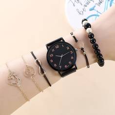1шт круглые стрелочные часы с сетчатым ремешком и 5шт браслет Shein