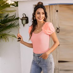 Однотонная футболка с пышным рукавом Shein