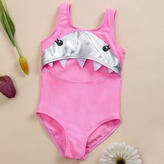 Слитный купальник с узором акулы и разрезом для девочек Shein