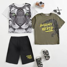 2 топ с животным принтом и 1 шорты для мальчиков Shein