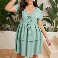 с оборками Одноцветный Повседневный Платья размер плюс Shein