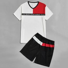 Мужские шорты и контрастная футболка с текстовым принтом Shein