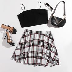 Короткая майка и юбка в клетку размера плюс Shein
