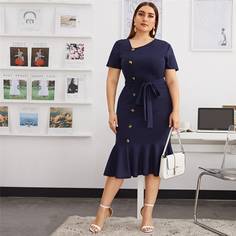 Однобортное платье размера плюс с поясом Shein