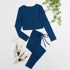 Вязаная короткая футболка и леггинсы с узлом Shein